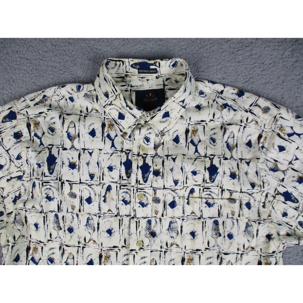 Ivy Crew Shirt Mens Large Beige Blue Fish Outdoor Button Down Short Sleeve - Picture 2 of 11